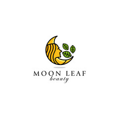 the beautiful face of the moon and leaves logo vector icon ilustration, moon and natural beauty