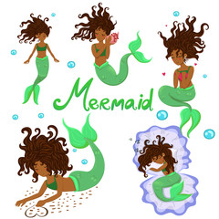 Set of black mermaids isolated on a white background.