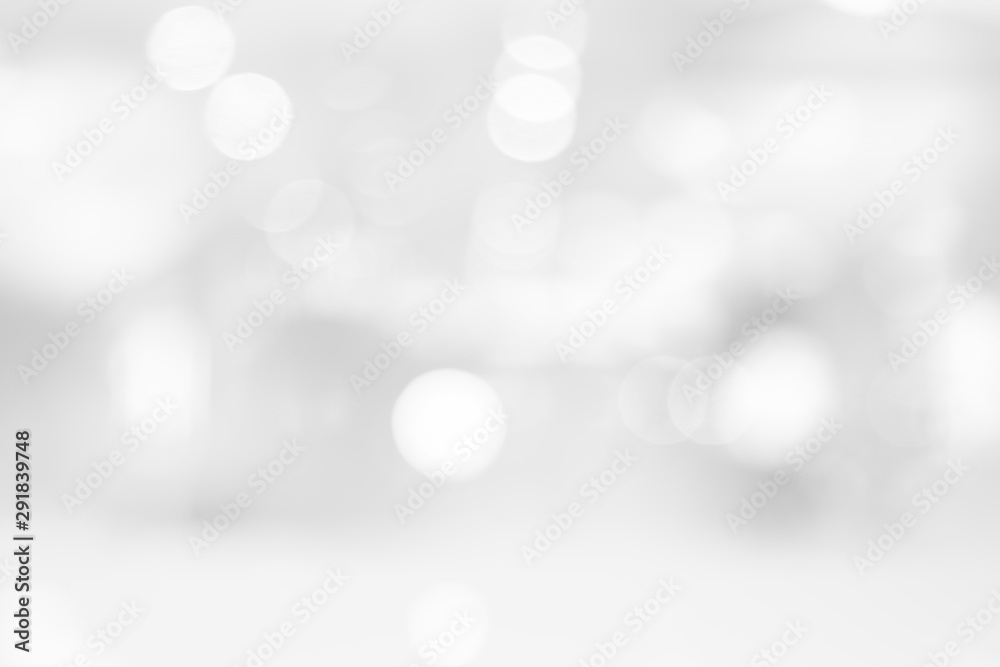 Fototapete abstract black and white bright bokeh background with white table top for backdrop design, bokeh com