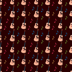 acoustic guitar with music note seamless pattern for music concept vector illustration background