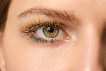 Fototapeta na wymiar Young woman with creative eyelashes, closeup