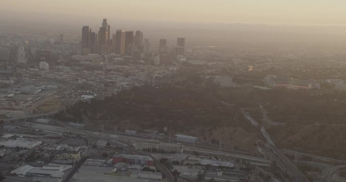 Aerial shot, day, downtown la and dodger stadium, drone