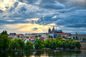 A view of Prague Castle across the Vltava River in Prague, Czech Republic.