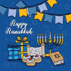 happy hanukkah card with chandelier