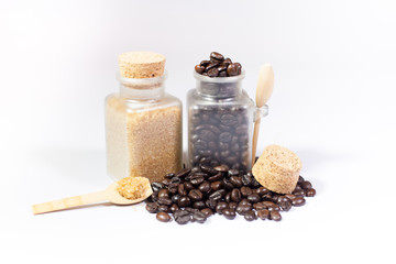 Roasted coffee beans with bread and sugar, Black coffee.