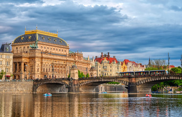 The National Theatre located in Prague, Czech Republic on the Vltava River.