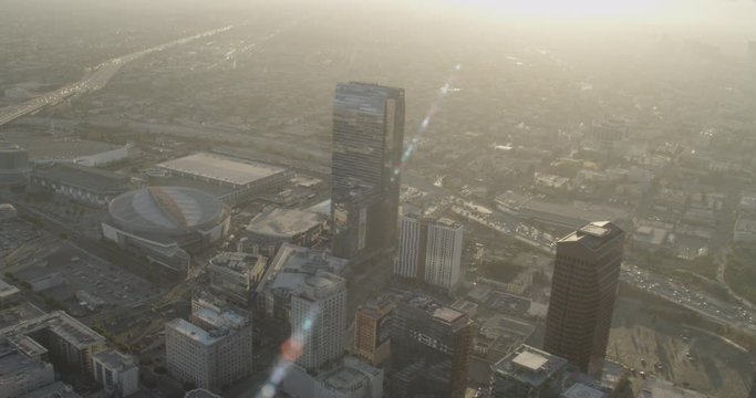 Aerial shot, day, top down view of staples center and ritz carlton, downtown la, drone