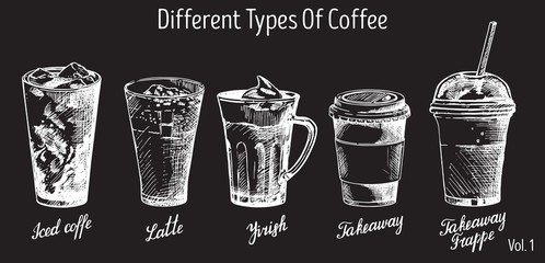 Vector vintage hand drawn coffee types set