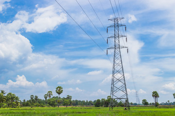 high voltage pole on blue sky background
