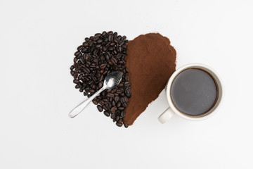 Roasted coffee beans, I love coffee, Heart with roasted coffee beans.
