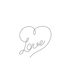 Love inscription in heart continuous line drawing, tattoo, print for clothes and logo design, one single line on a white background, isolated vector illustration. Hand lettering on Valentine's Day.