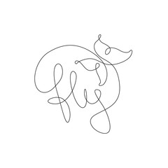 Fly inscription with a butterfly continuous line drawing, hand lettering small tattoo, print for clothes, emblem or logo design, one single line on a white background, isolated vector illustration.