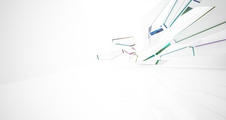 Abstract architectural glass gradient color interior of a minimalist house with large windows. 3D illustration and rendering.