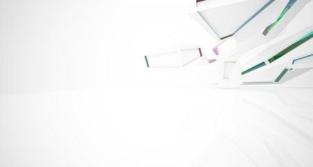 Abstract architectural glass gradient color interior of a minimalist house with large windows. 3D illustration and rendering.