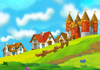 Obraz na płótnie Canvas cartoon summer scene with path to the farm village - nobody on scene - illustration for children