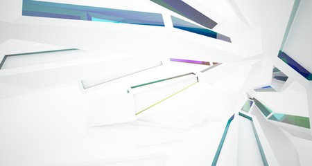 Abstract architectural glass gradient color interior of a minimalist house with large windows. 3D illustration and rendering.