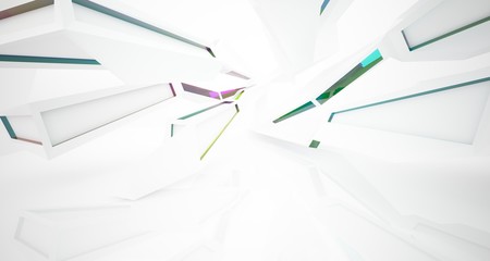 Abstract architectural glass gradient color interior of a minimalist house with large windows. 3D illustration and rendering.