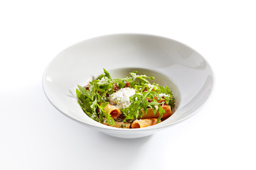 Rigatoni in tomato sauce and stracciatella cheese
