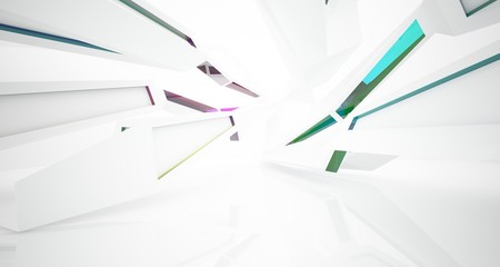 Naklejka premium Abstract architectural glass gradient color interior of a minimalist house with large windows. 3D illustration and rendering.