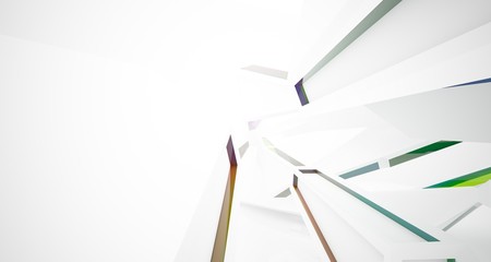 Abstract architectural glass gradient color interior of a minimalist house with large windows. 3D illustration and rendering.