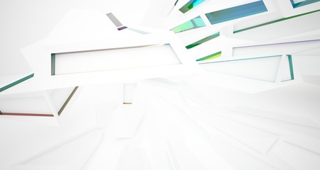 Abstract architectural glass gradient color interior of a minimalist house with large windows. 3D illustration and rendering.