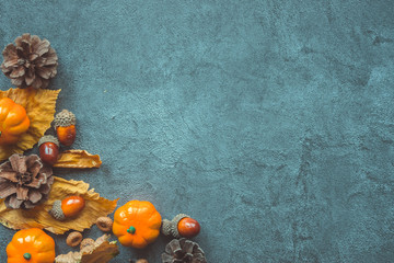 Fototapeta na wymiar Autumn Leaves, decorative pumkins, acorns and cones over gray background