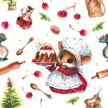 Seamless Pattern With Watercolor Christmas Mice, Symbol Of The New Year, Festive Family Dinner