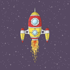 Cartoon rocket launch. Hand drawn vector illustration with separate layers.