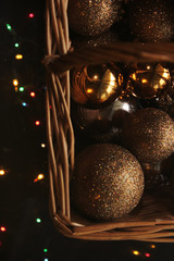 Christmas balls. Christmas lights on black background