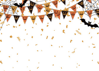 Halloween party background. Party flag, spider web and bat.