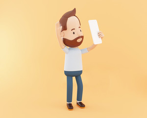 3D Cartoon character taking a selfie with phone.