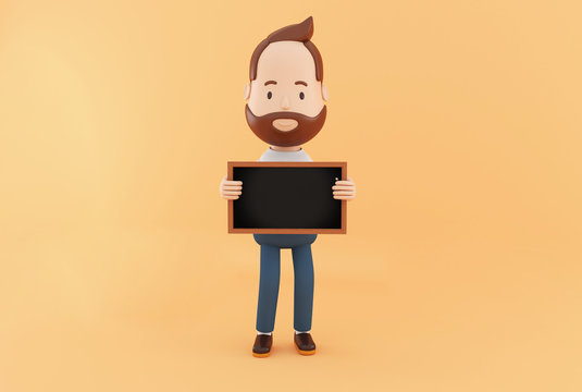 3D Cartoon character with a blank chalkboard.