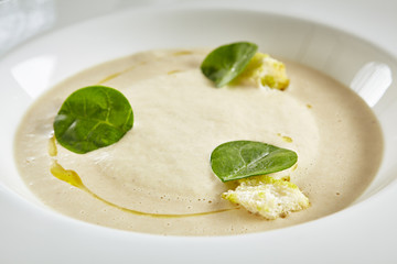 Exquisite Serving White Restaurant Plate of Cream Cappuccino Soup with Porcini Mushrooms and Truffle Top View