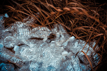 rushed plastic bottles of mineral water and bottle caps on green grass in nature.