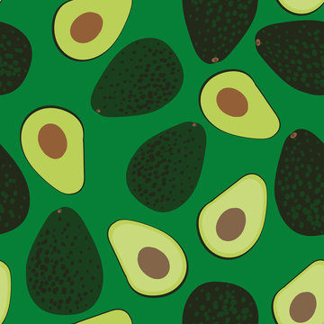 A seamless vector pattern with fresh sliced and whole avocados on a green background. Surface print design.