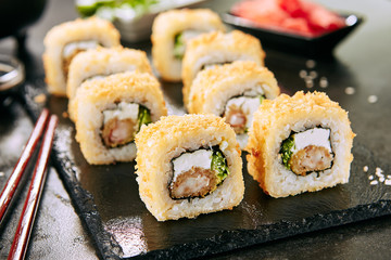 Crispy Ebi Tempura Maki Sushi Rolls or Uramaki with King Prawn