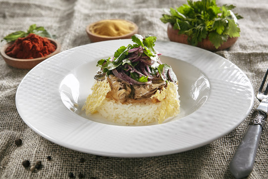 Hot Beef Stroganoff or Beef Stroganov with Rice, Onion Rings and Greens