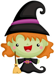 A Vector Set of Cute Little Halloween Witch Holding Broom