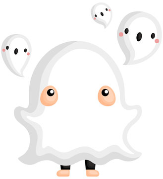 A Vector of Cute Kid in Halloween Ghost Costume Surrounding by Little Ghosts
