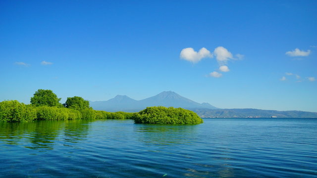 The view to Raung mountain from Gilimanuk strait in East Java, Indonesia