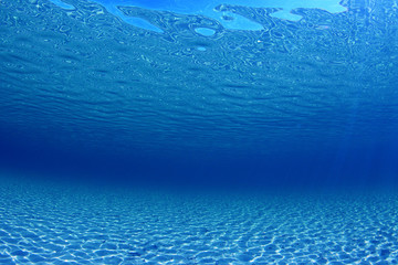 Blue underwater background photo of sea and sand	
