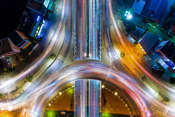 Aerial shot top view circle road at night..