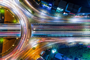 Fototapeta na wymiar Aerial shot top view circle road at night..