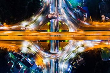 Aerial shot top view circle road at night..