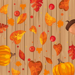 Fototapeta na wymiar background wooden with autumn leafs and fruits