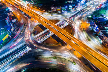 Aerial shot top view circle road at night..