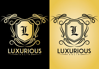 Vintage Luxurious logo with badge and custom brush swirl isolated on background. Letter logo, Initials logo, suitable for any company, ready to print, easy to edit, organized layer.