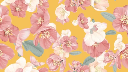 Poster Floral seamless pattern, Japanese quince flowers on yellow, pastel vintage theme © momosama