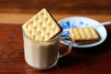 Chocolate cracker on dish for eating with coffee 