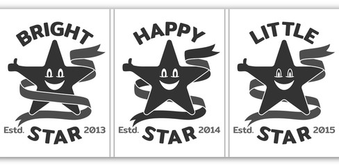 Emblem of smiled star with ribbon. Logo template for sport or kids clothes, t-shirt decor. Vector